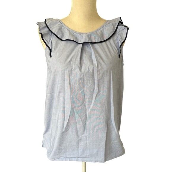 J.Crew Pleated Ruffle Cap Sleeve Top Women's Sz 4 Chambray Blue Trim Square Back - Picture 1 of 13